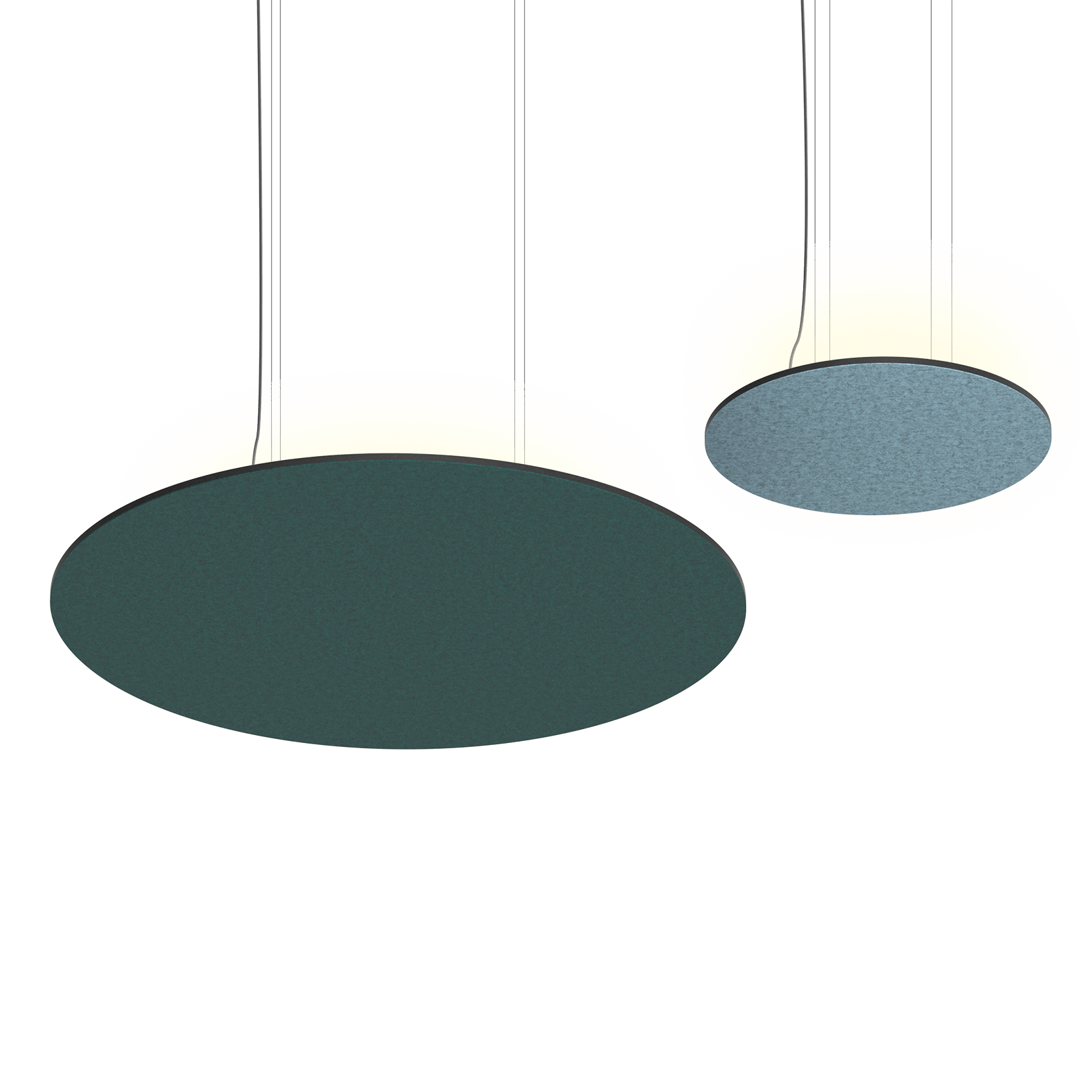 Modern Waffle Lighting fixtures by Luxx Box, featuring large circular panels in green and blue, suspended by thin wires, providing soft ambient lighting.